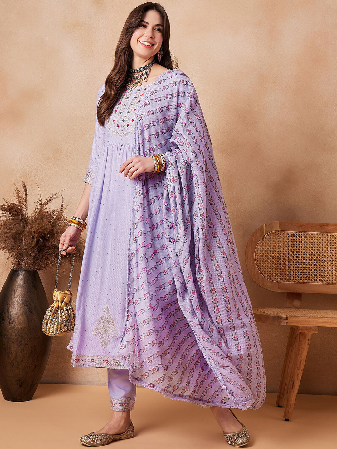 

Anouk Floral Embroidered Round Neck Kurta With Trousers & Dupatta, Purple