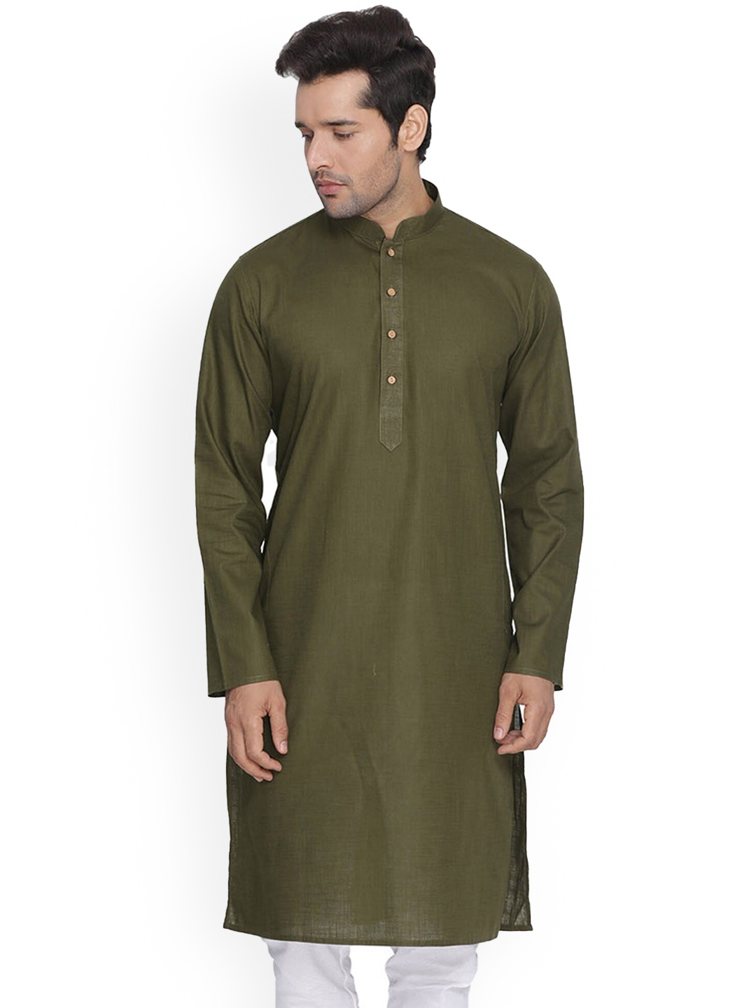 

Mitera Green Mandarin Collar Straight Kurta with Pyjamas, Olive
