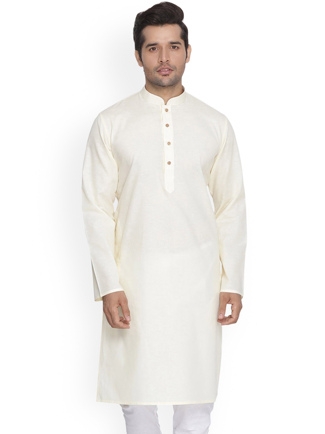 

Mitera Mandarin Collar Regular Cotton Kurta With Pyjama, Cream