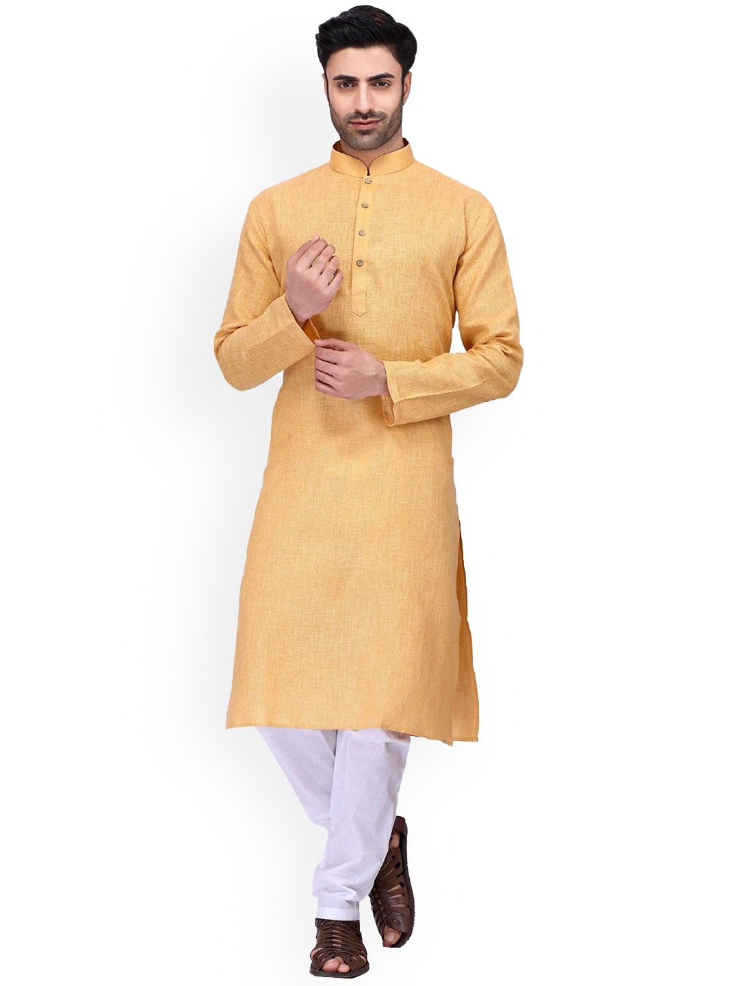 

Mitera Yellow Mandarin Collar Straight Kurta with Pyjamas