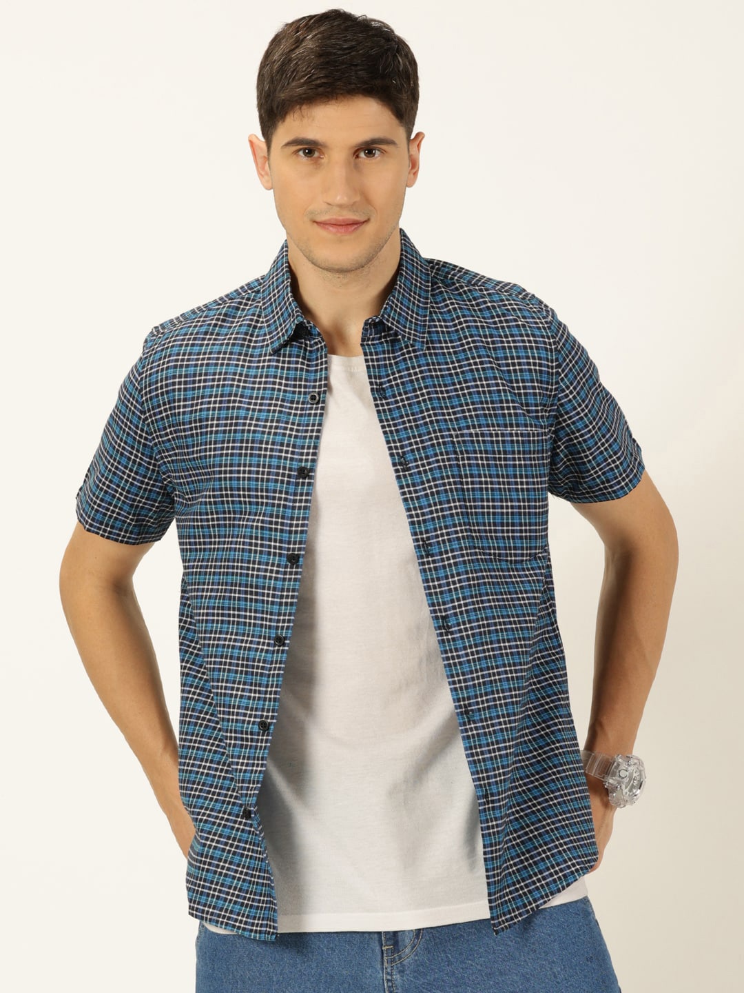 

Metronaut Original Slim Fit Tartan Checks Opaque Cotton Casual Shirt, Blue
