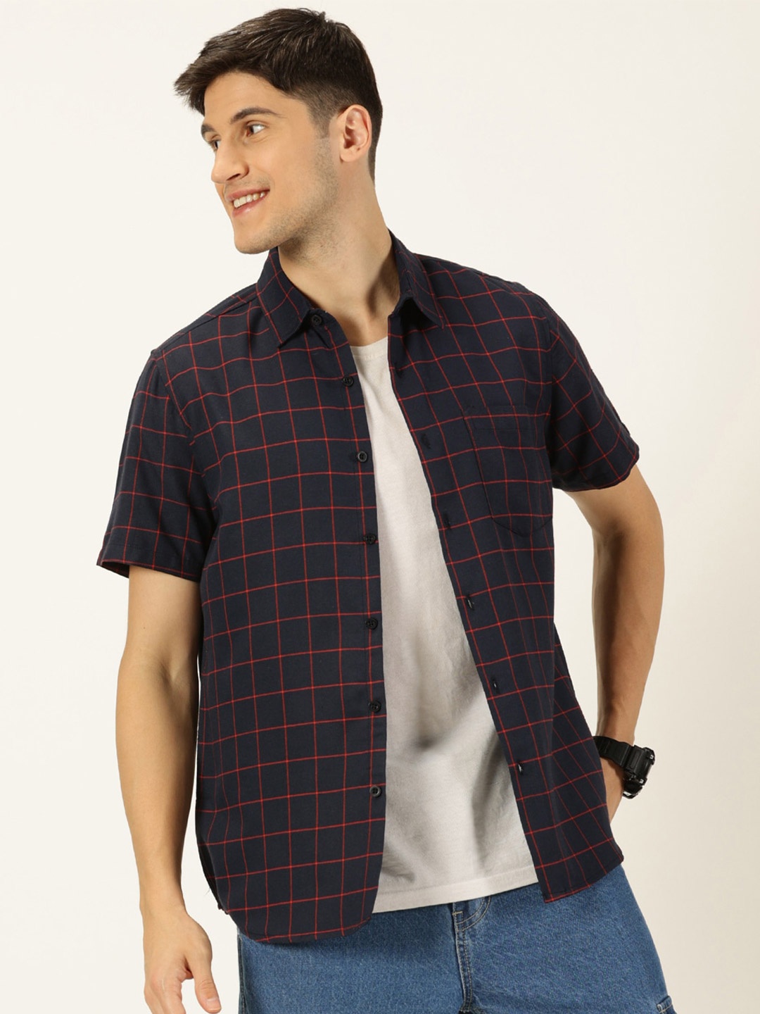 

Metronaut Original Slim Fit Tartan Checks Opaque Pure Cotton Casual Shirt, Navy blue