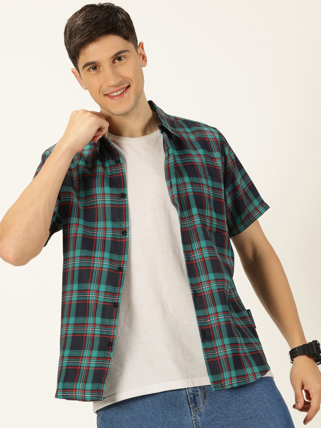 

Metronaut Men Original Slim Fit Tartan Checks Opaque Pure Cotton Casual Shirt, Green