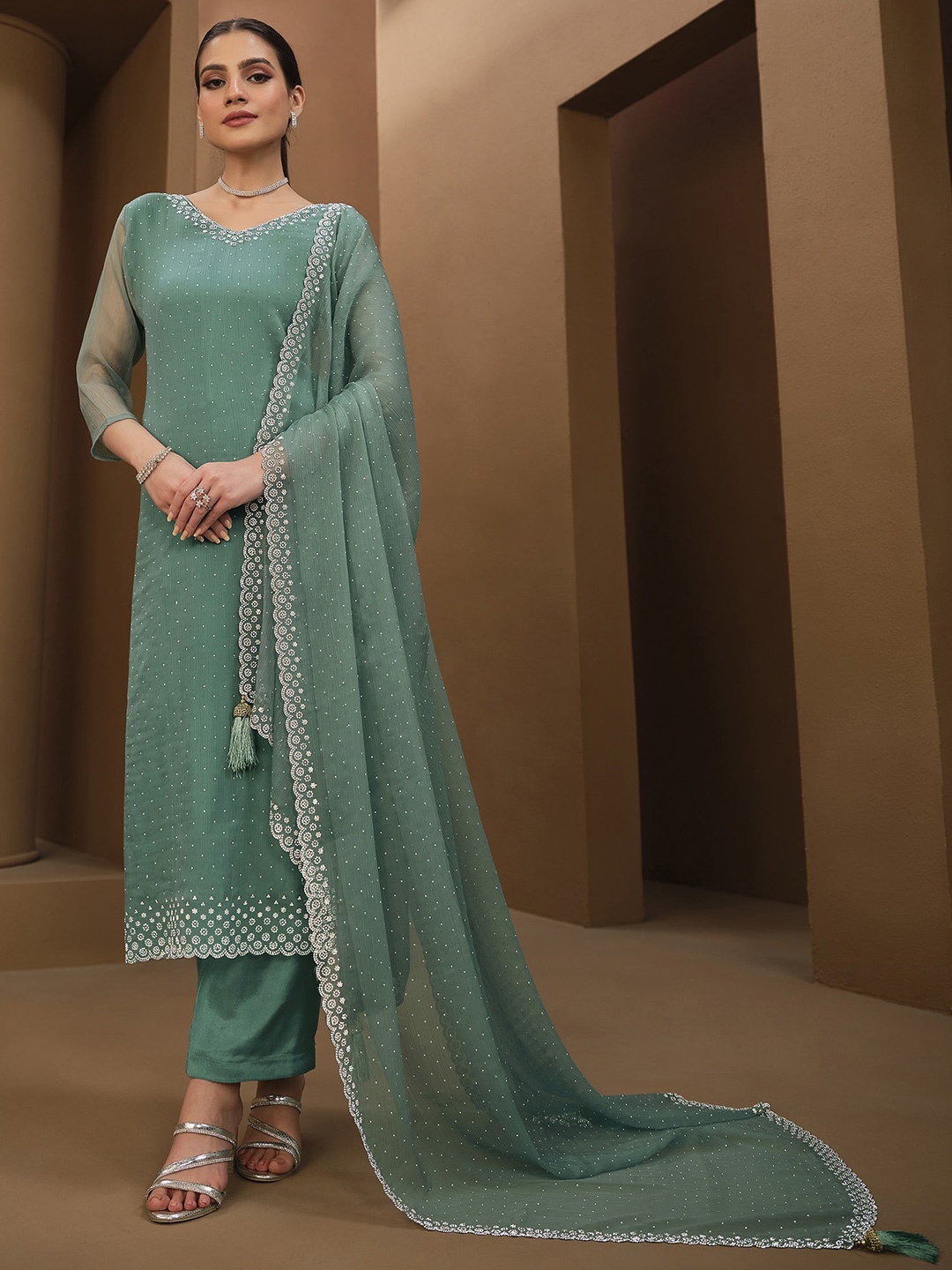 

Meena Bazaar Embroidered Unstitched Dress Material, Sea green