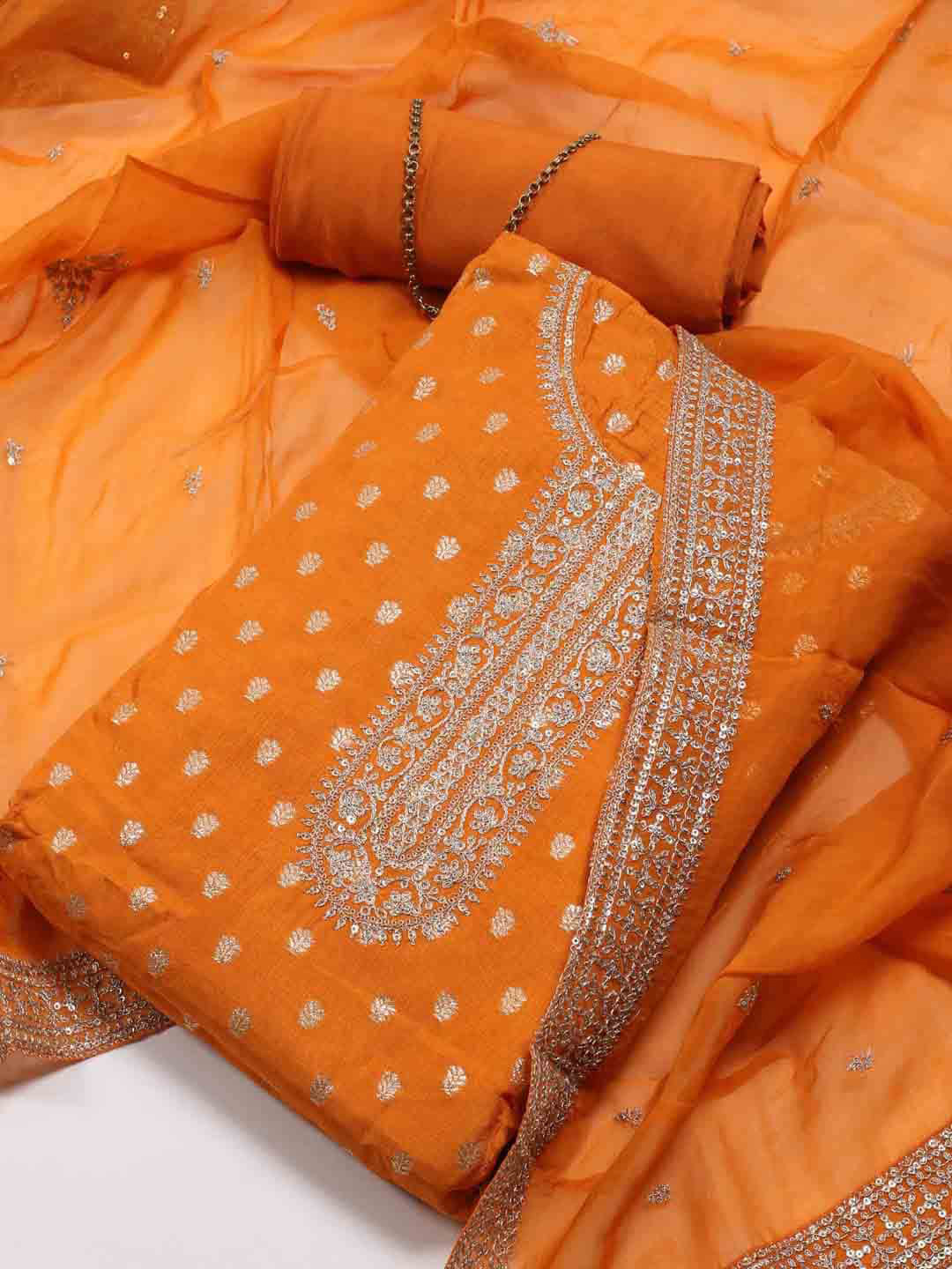 

Meena Bazaar Ethnic Motifs Woven Design Beads and Stones Unstitched Dress Material, Orange