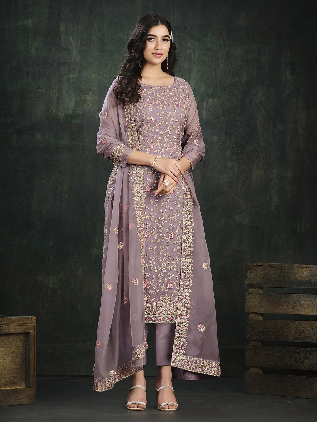 

Meena Bazaar Floral Embellished Organza Unstitched Dress Material, Purple