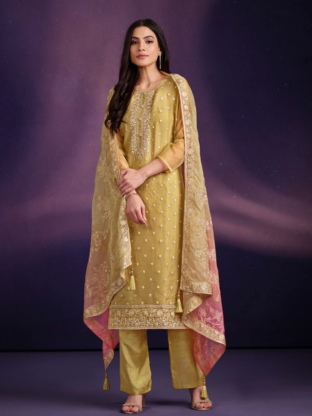 

Meena Bazaar Floral Embroidered Organza Unstitched Dress Material, Yellow