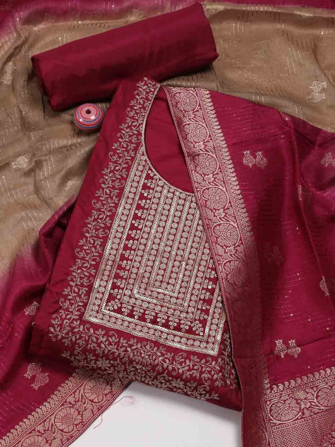 

Meena Bazaar Woven Design Chanderi Unstitched Dress Material, Burgundy