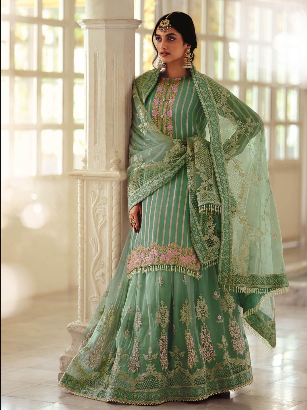 

Meena Bazaar Ethnic Motif Embroidered Unstitched Dress Material, Green