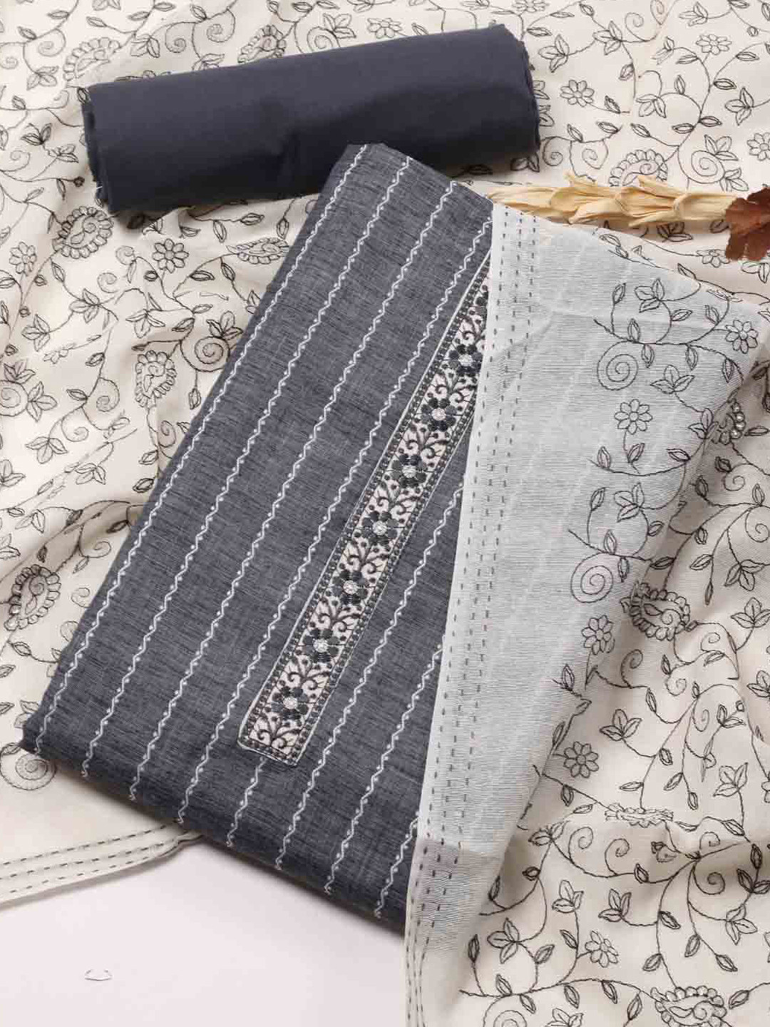 

Meena Bazaar Striped Woven Design Unstitched Dress Material, Grey