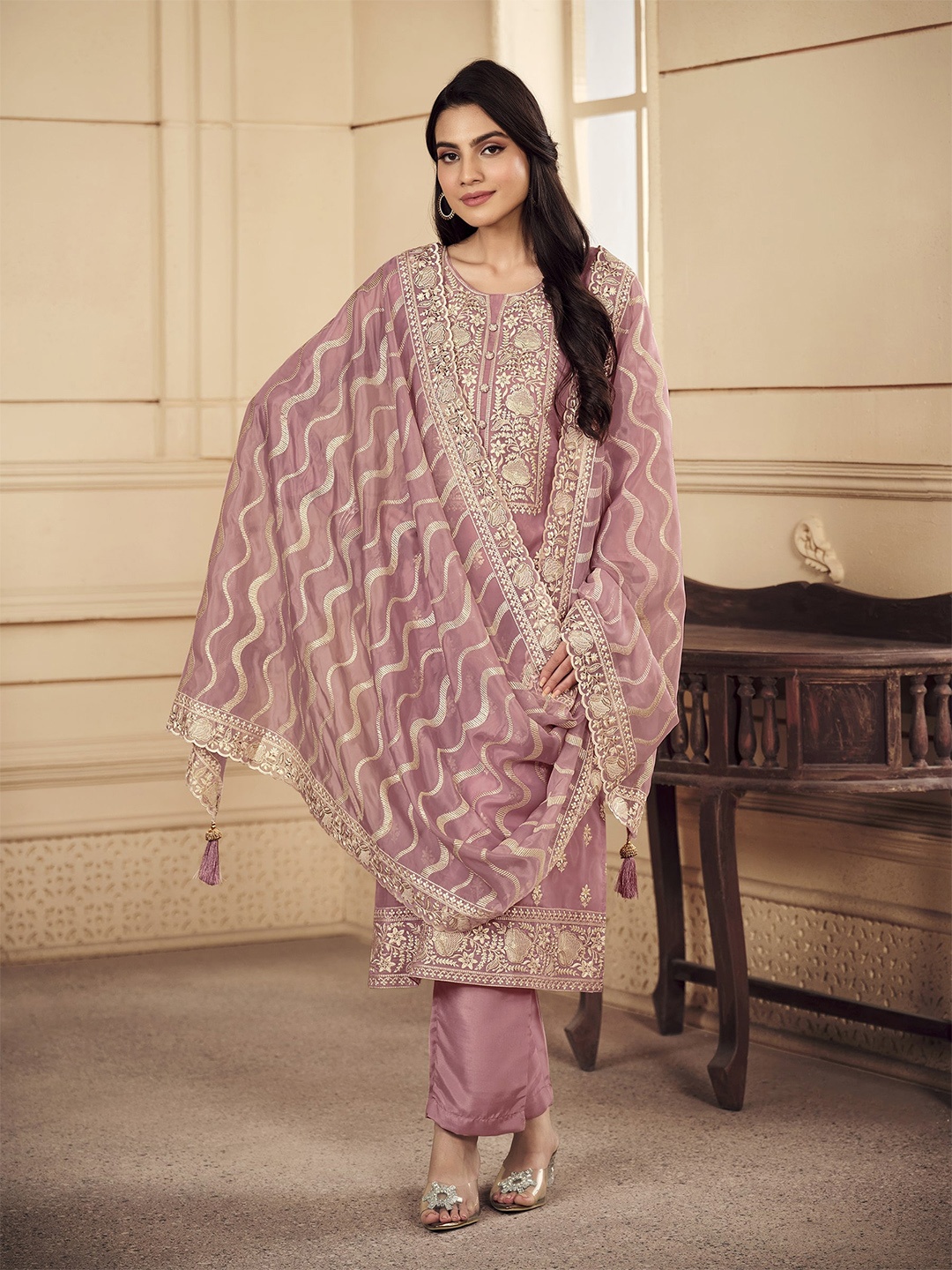 

Meena Bazaar Ethnic Motifs Embroidered Organza Unstitched Dress Material, Pink