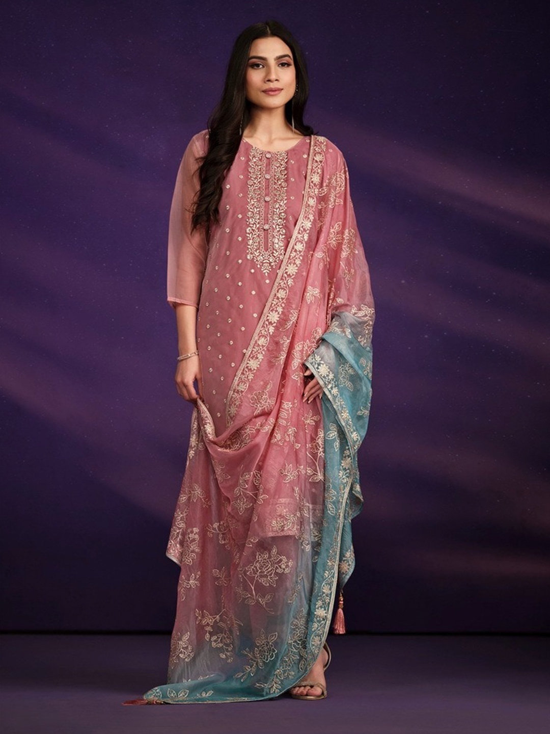 

Meena Bazaar Embroidered Organza Unstitched Dress Material, Pink