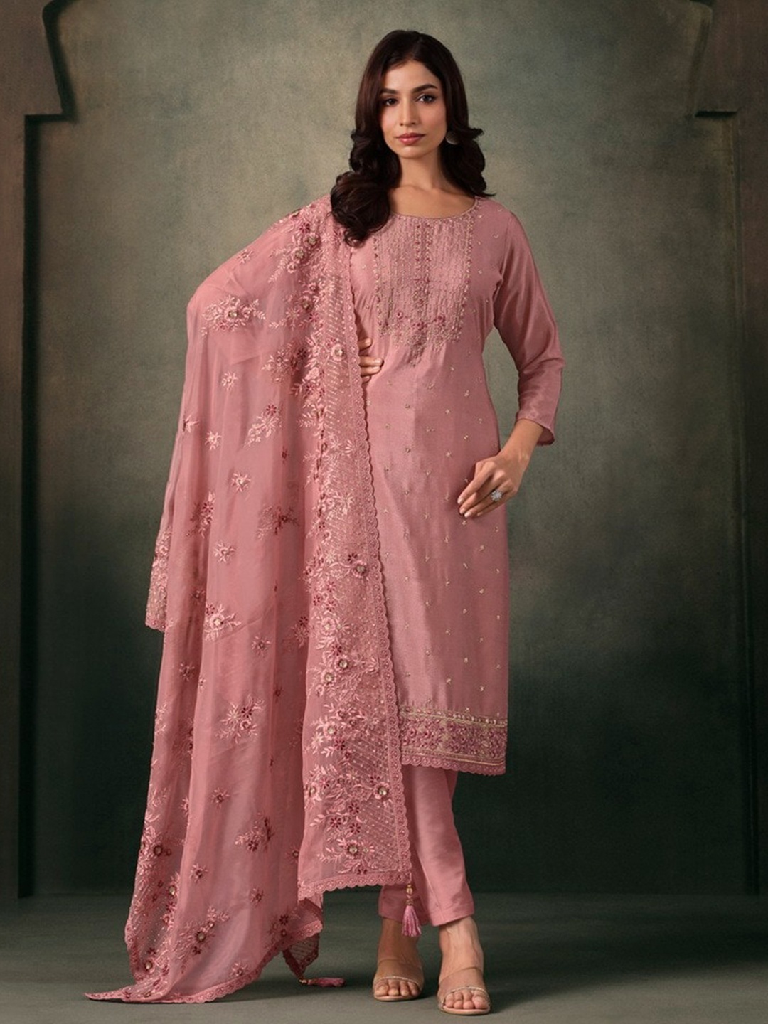 

Meena Bazaar Embroidered Art Silk Unstitched Dress Material, Pink