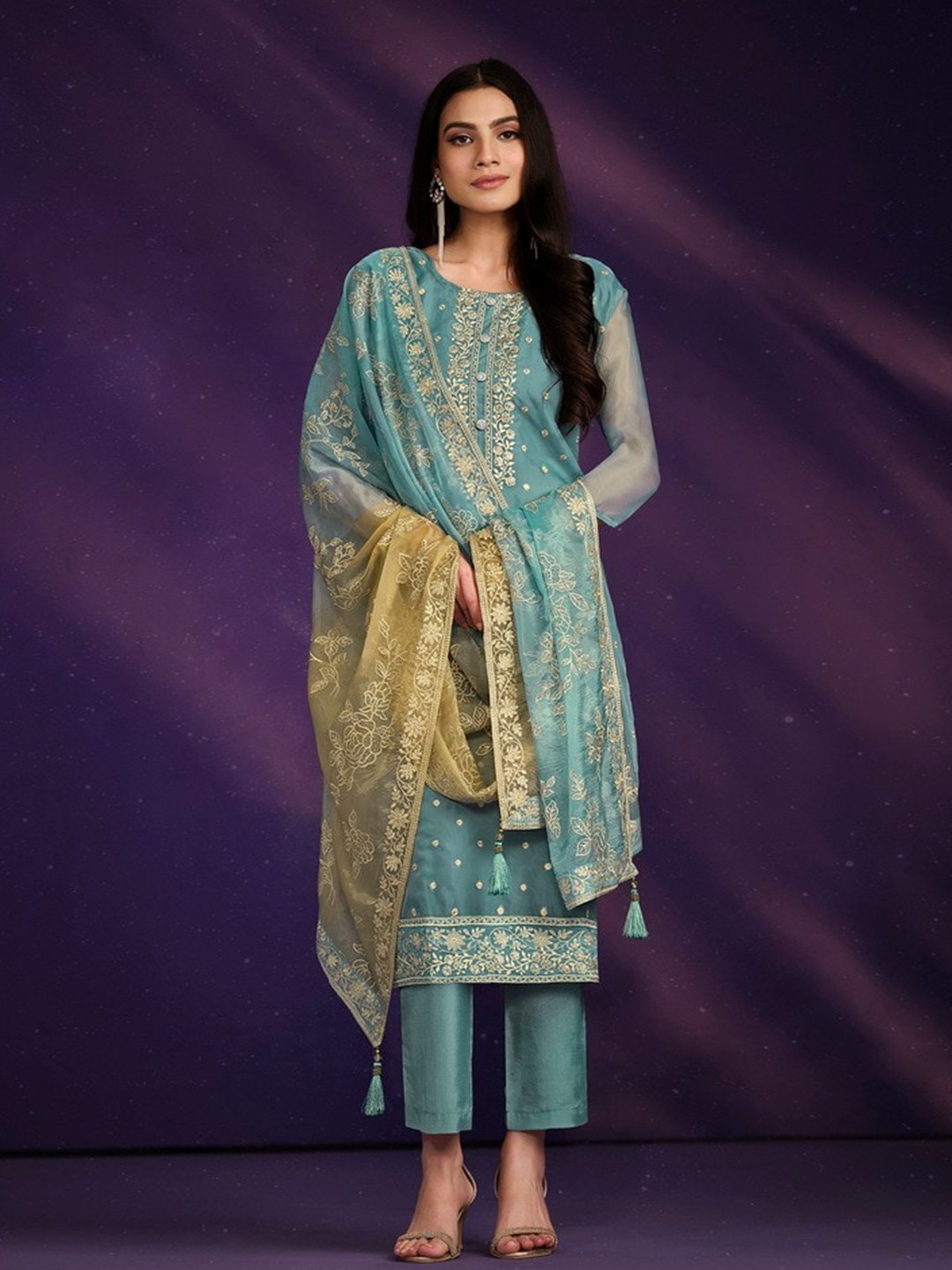 

Meena Bazaar Floral Sequined Embroidered Organza Unstitched Dress Material, Blue