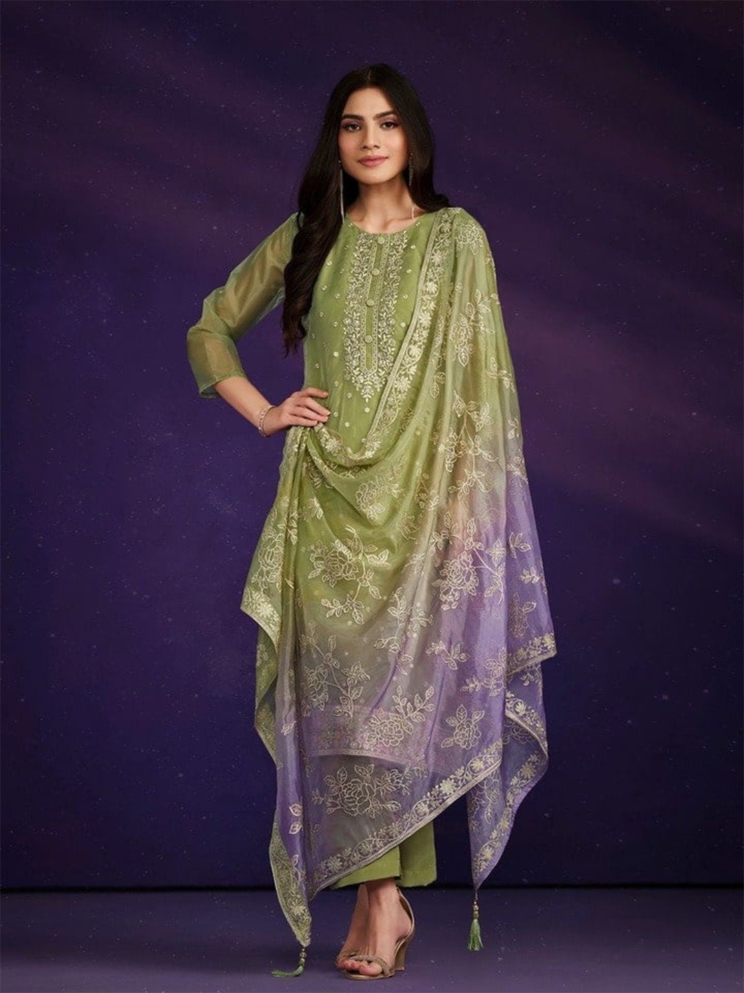

Meena Bazaar Embroidered Organza Unstitched Dress Material, Green