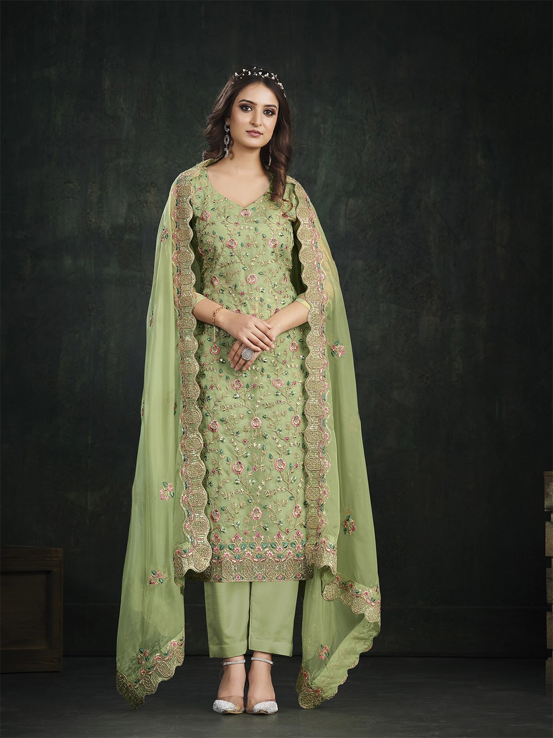 

Meena Bazaar Floral Embroidered Unstitched Dress Material, Green