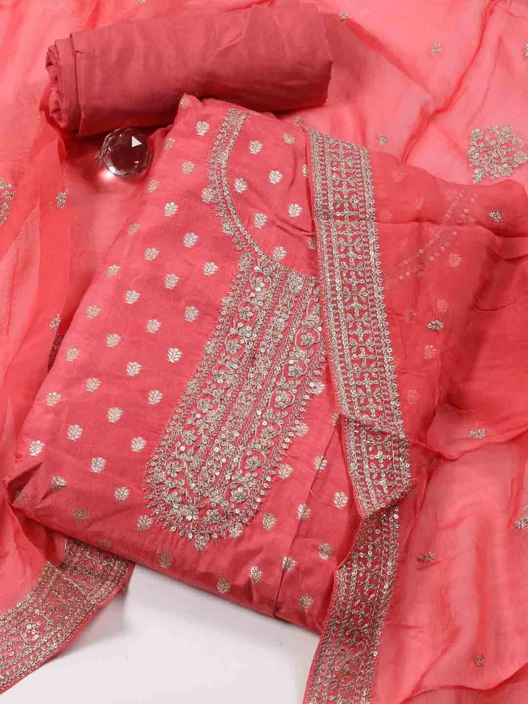 

Meena Bazaar Floral Woven Design Unstitched Dress Material, Pink