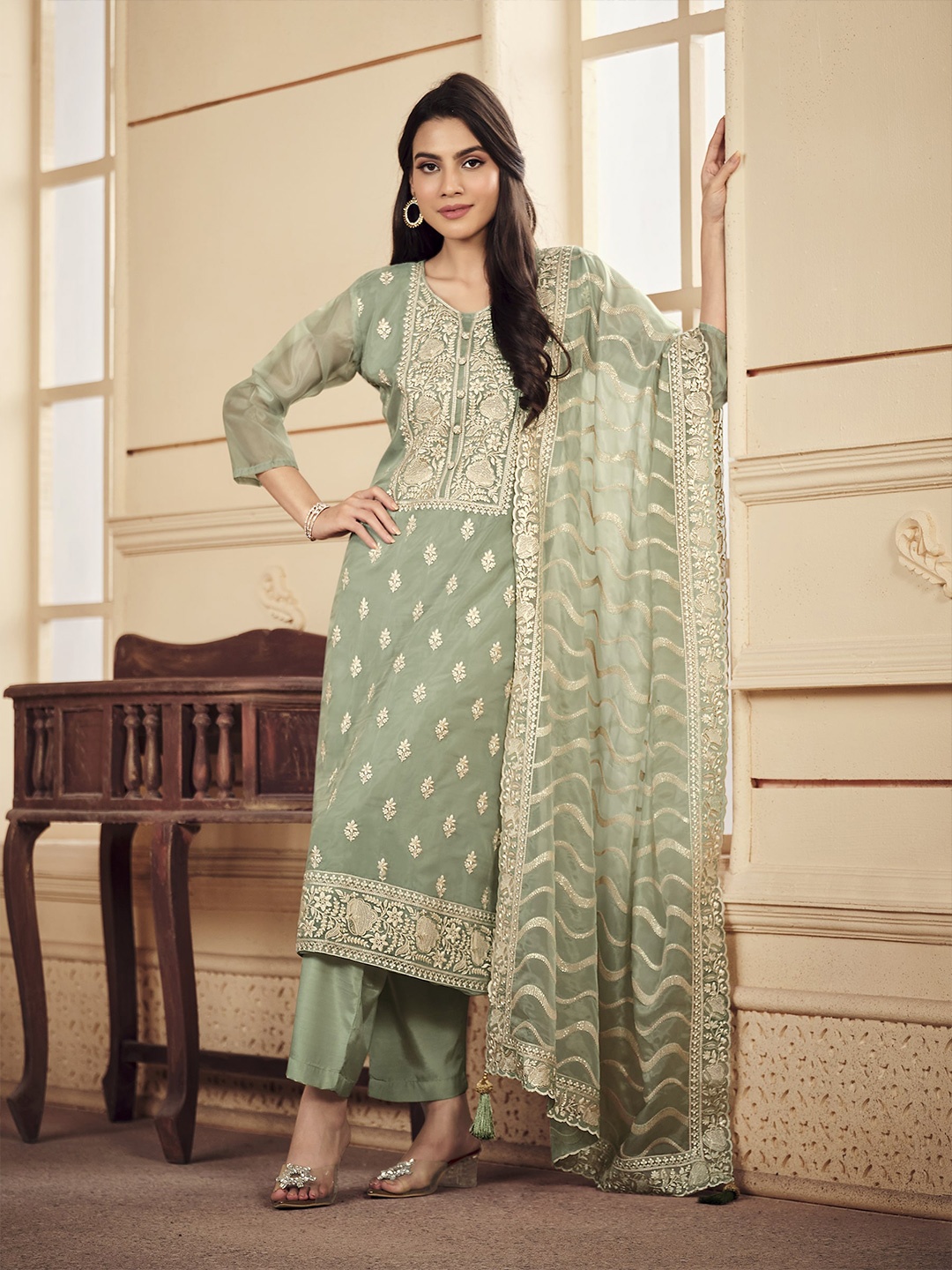 

Meena Bazaar Ethnic Motifs Embroidered Organza Unstitched Dress Material, Green