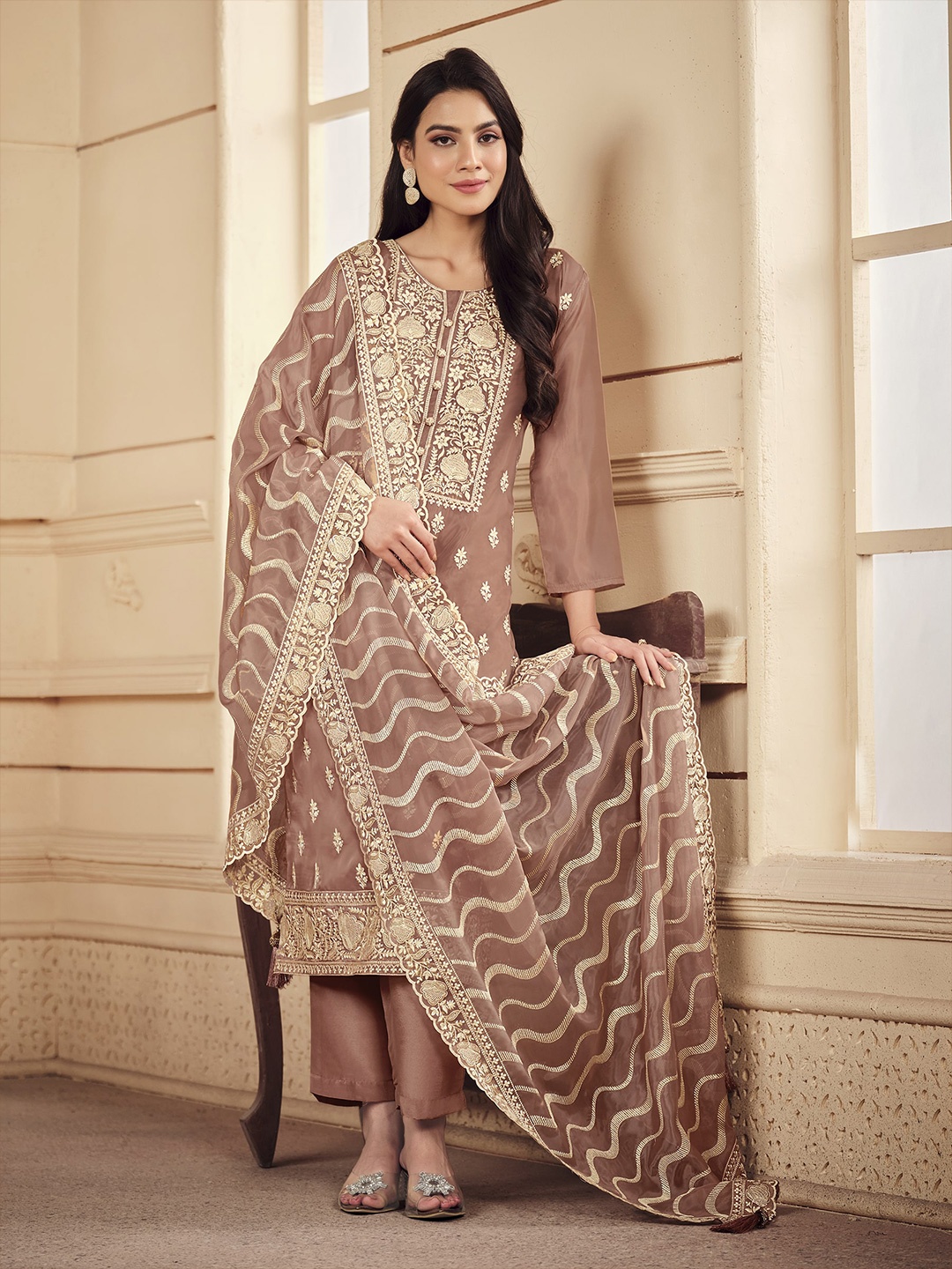 

Meena Bazaar Floral Embroidered Sequinned Organza Unstitched Dress Material, Brown