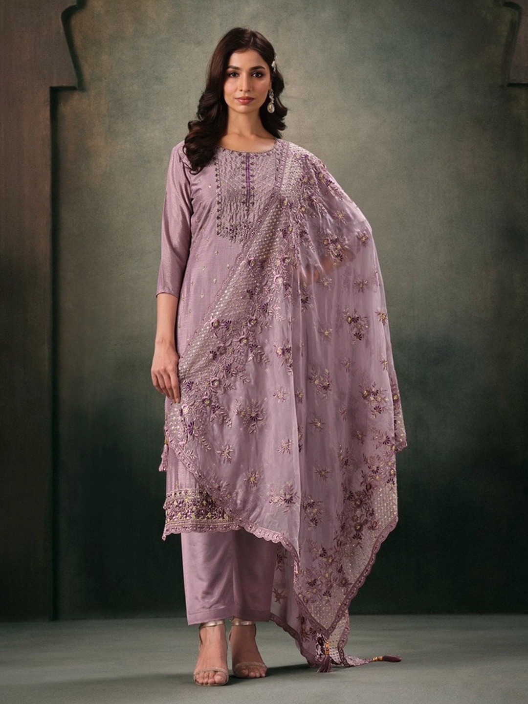 

Meena Bazaar Embroidered Art Silk Unstitched Dress Material, Purple