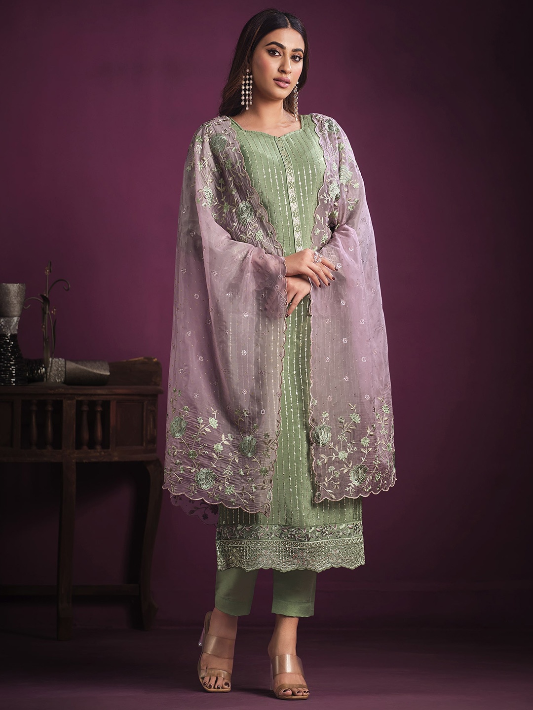 

Meena Bazaar Embroidered Art Silk Unstitched Dress Material, Green