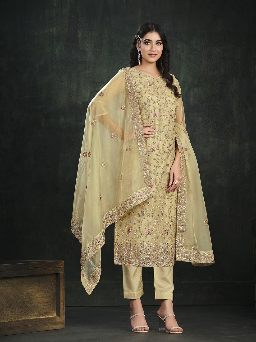 

Meena Bazaar Floral Embroidered Beads and Stones Organza Unstitched Dress Material, Beige