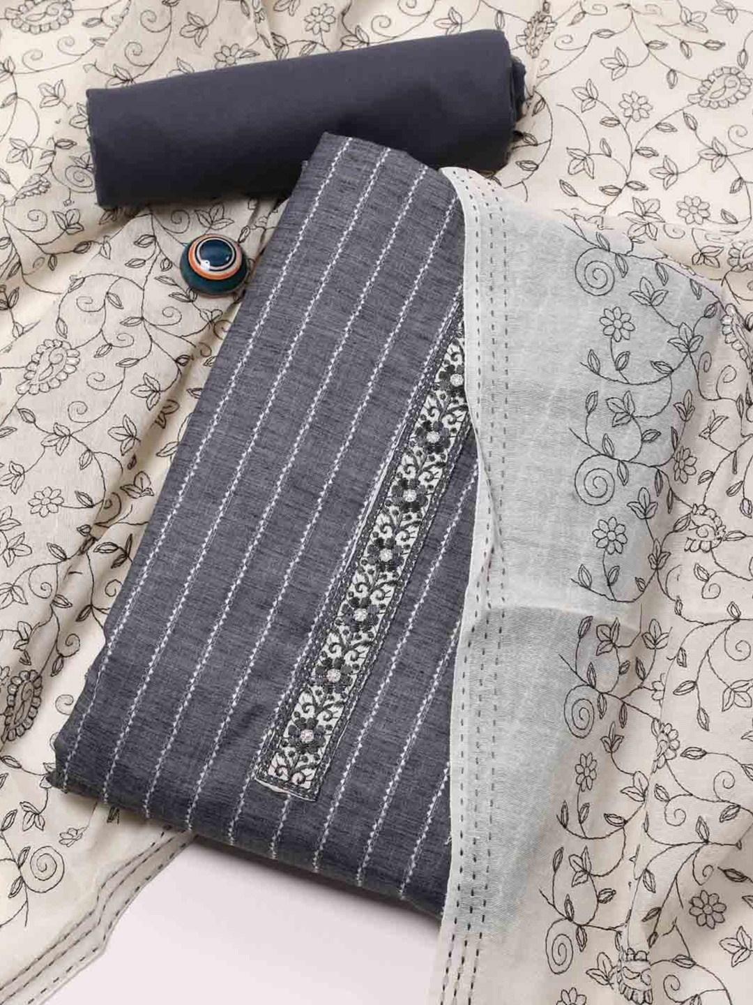 

Meena Bazaar Floral Woven Design Sequinned Unstitched Dress Material, Grey