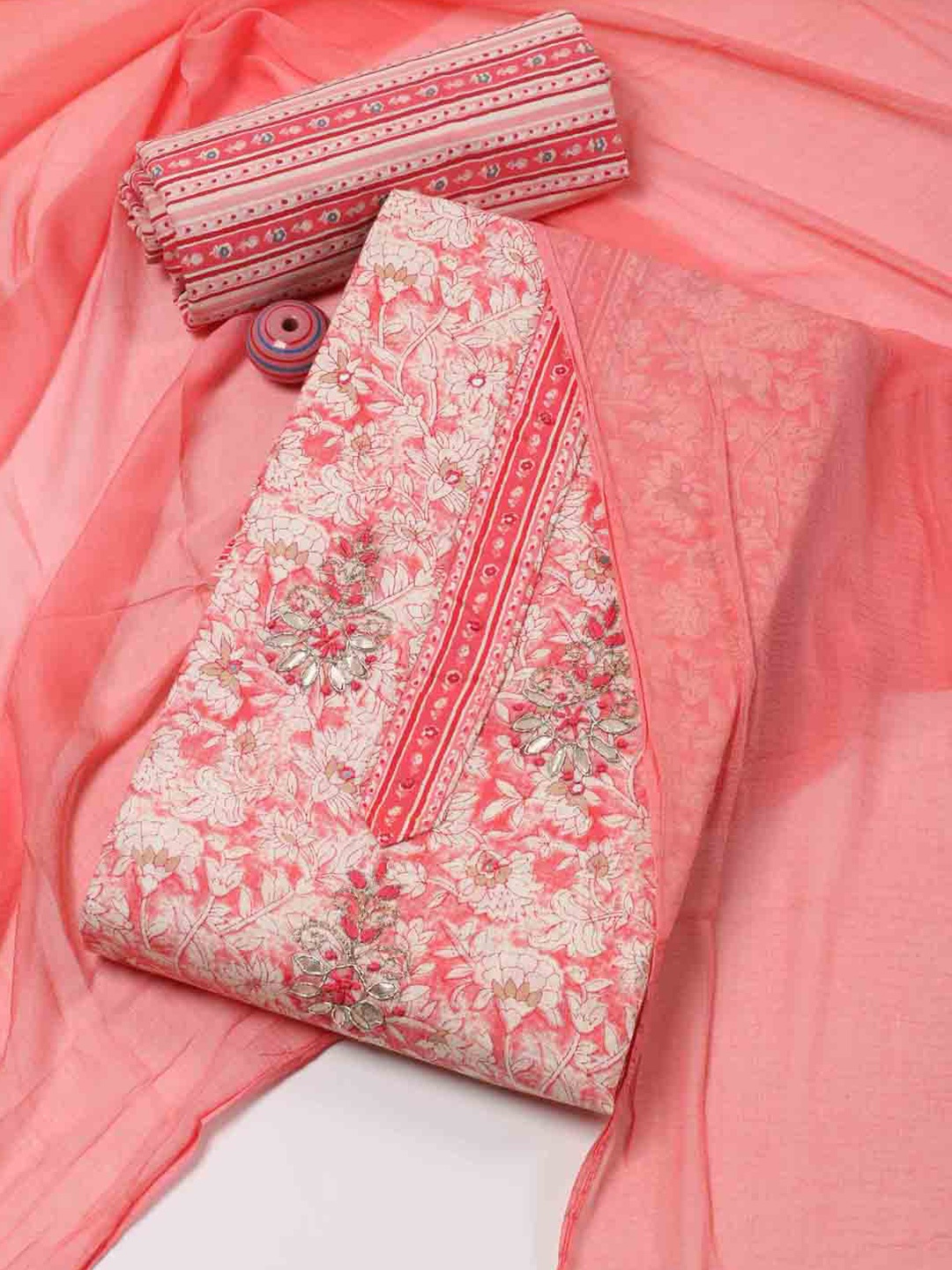 

Meena Bazaar Floral Printed Beads and Stones Unstitched Dress Material, Pink