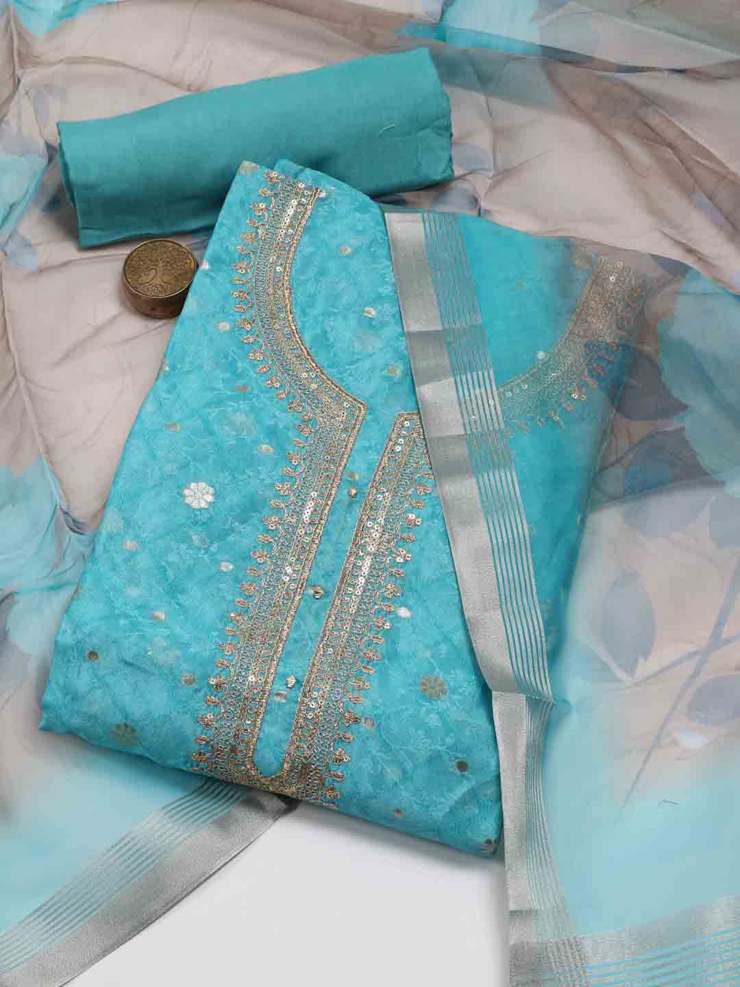 

Meena Bazaar Floral Printed Sequinned Unstitched Dress Material, Sea green