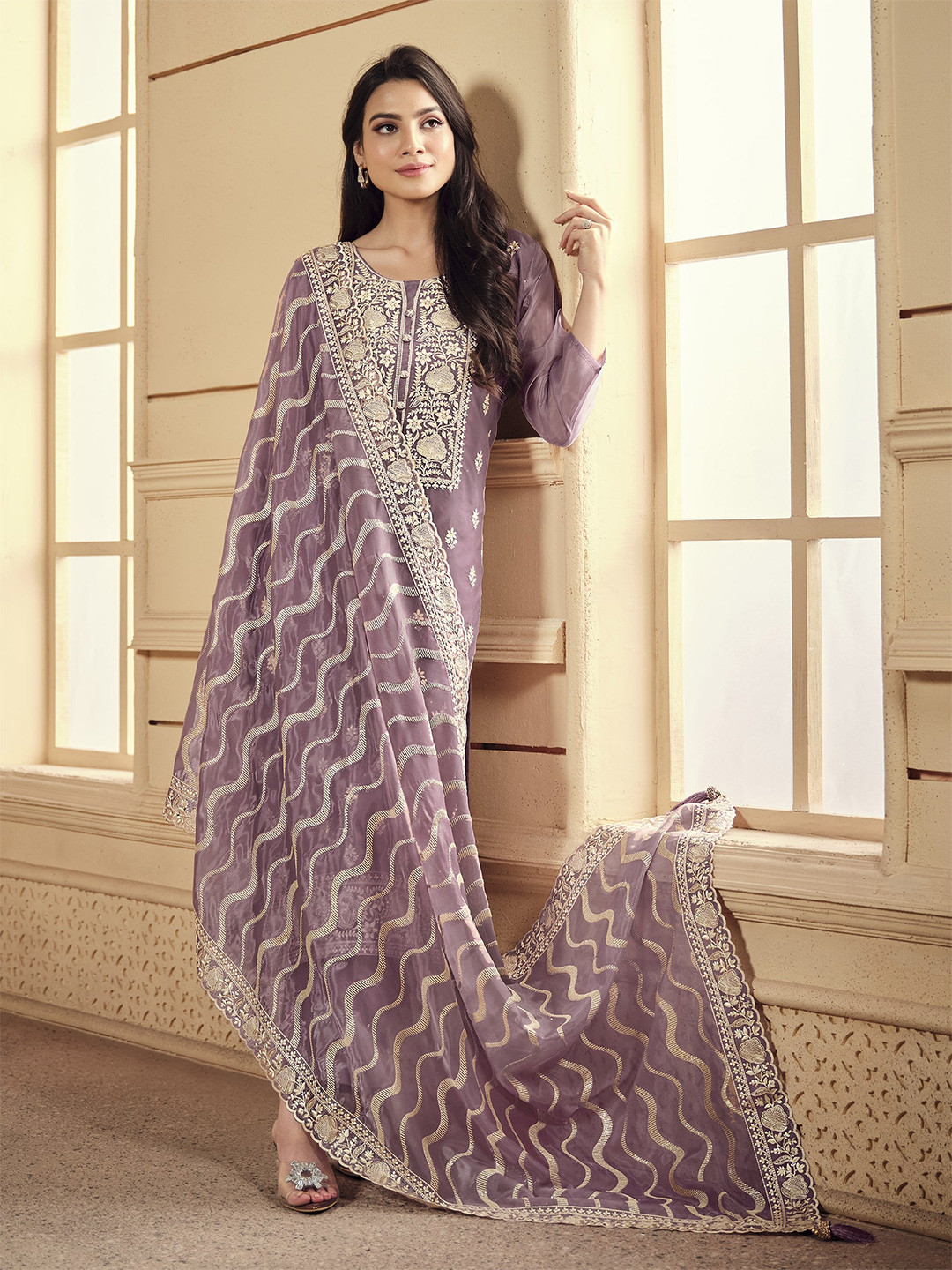 

Meena Bazaar Embroidered Organza Unstitched Dress Material, Purple