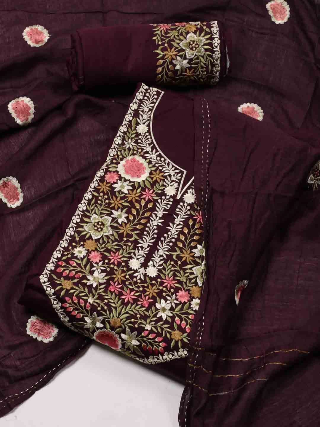 

Meena Bazaar Floral Embroidered Art Silk Cotton Unstitched Dress Material, Burgundy
