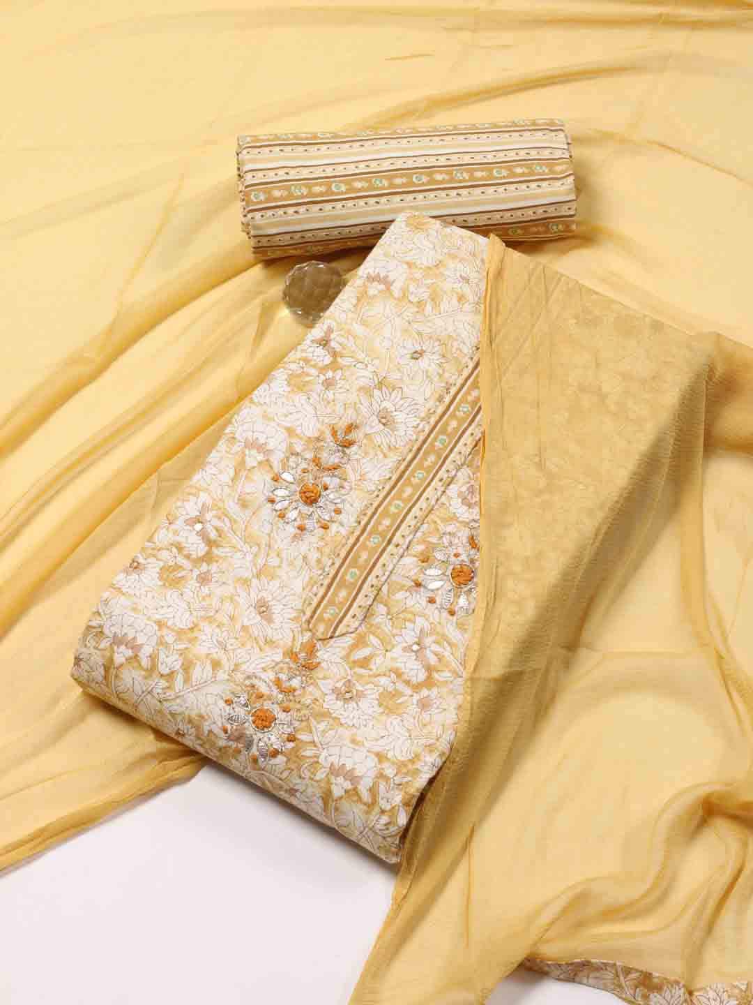 

Meena Bazaar Floral Printed Beads and Stones Unstitched Dress Material, Mustard