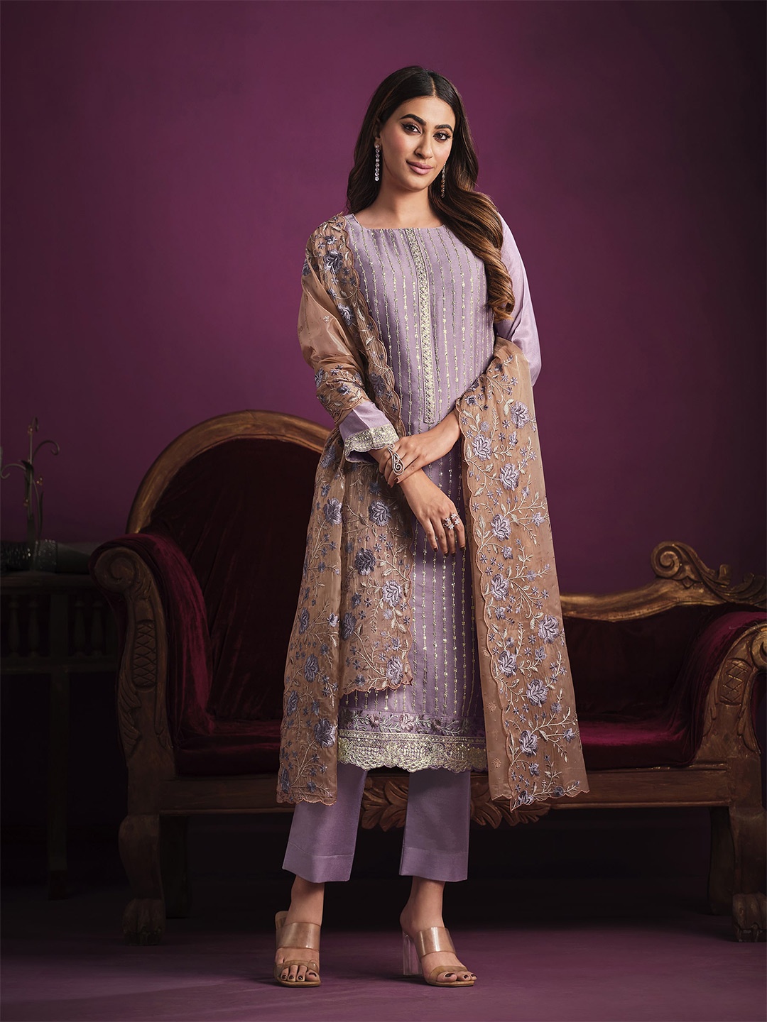 

Meena Bazaar Ethnic Motifs Embroidered Unstitched Dress Material, Purple