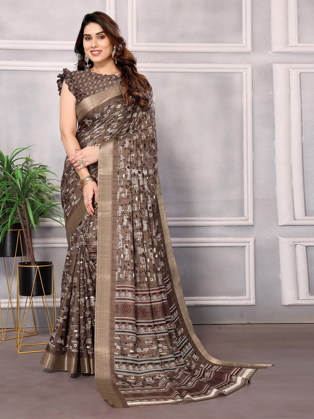 

saretramall Zari Pure Cotton Handloom Maheshwari Saree, Brown