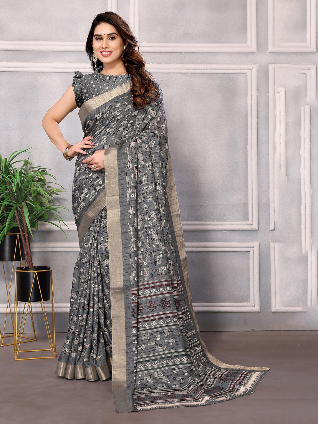 

saretramall Zari Pure Cotton Maheshwari Saree, Grey