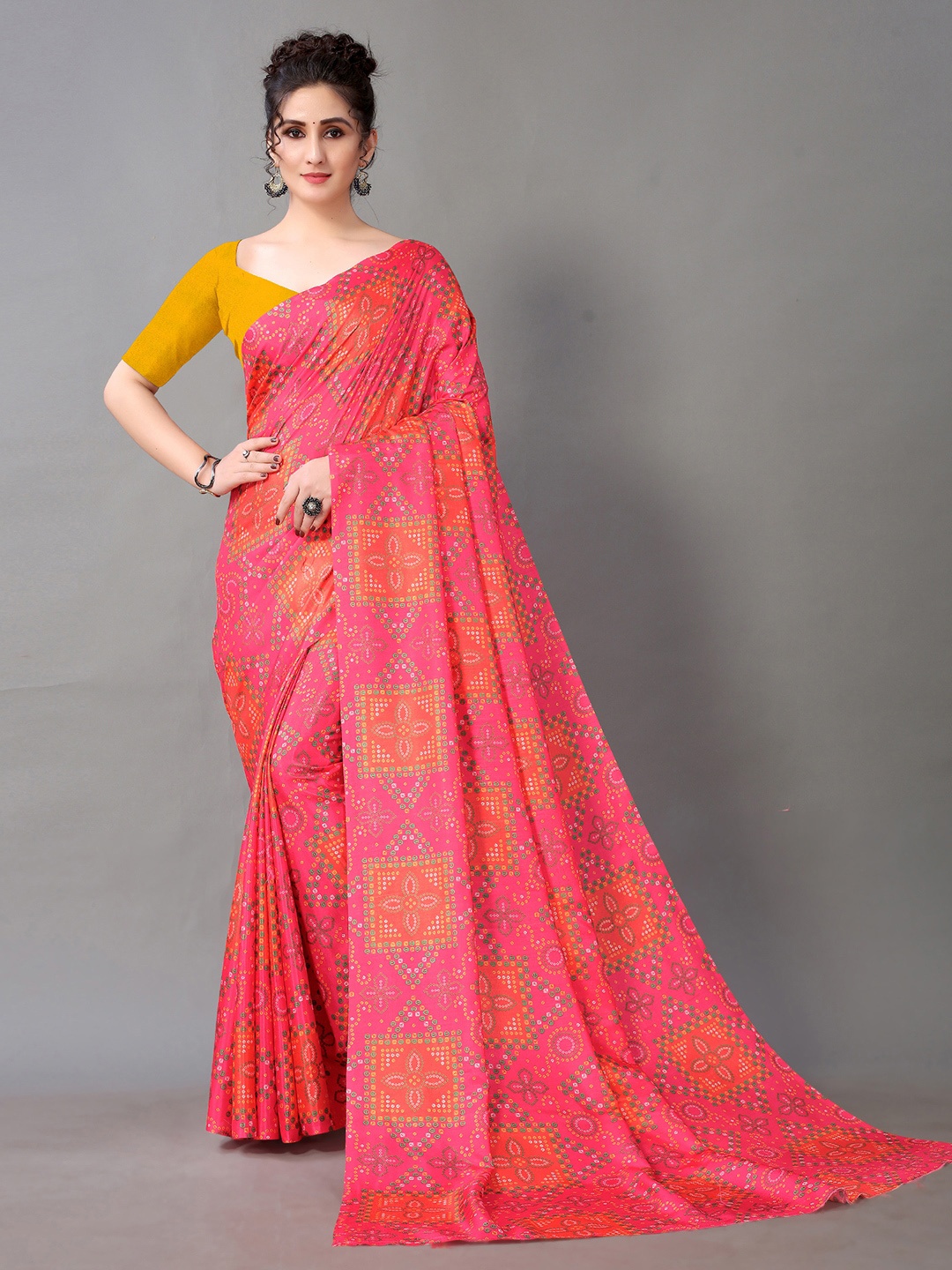 

Shaily Printed Brasso Bandhani Fusion Saree, Pink