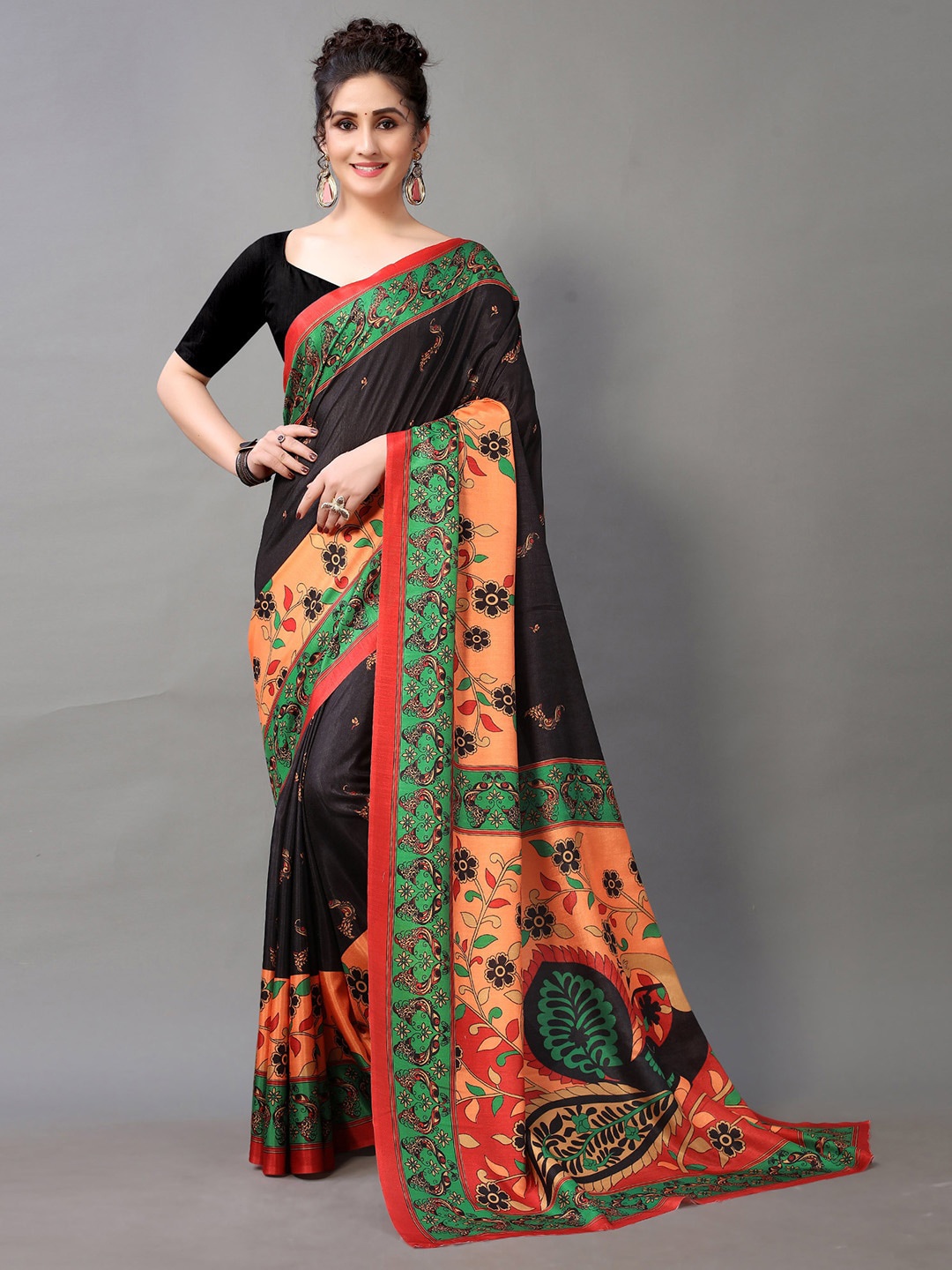 

Shaily Ethnic Motifs Printed Brasso Saree, Black