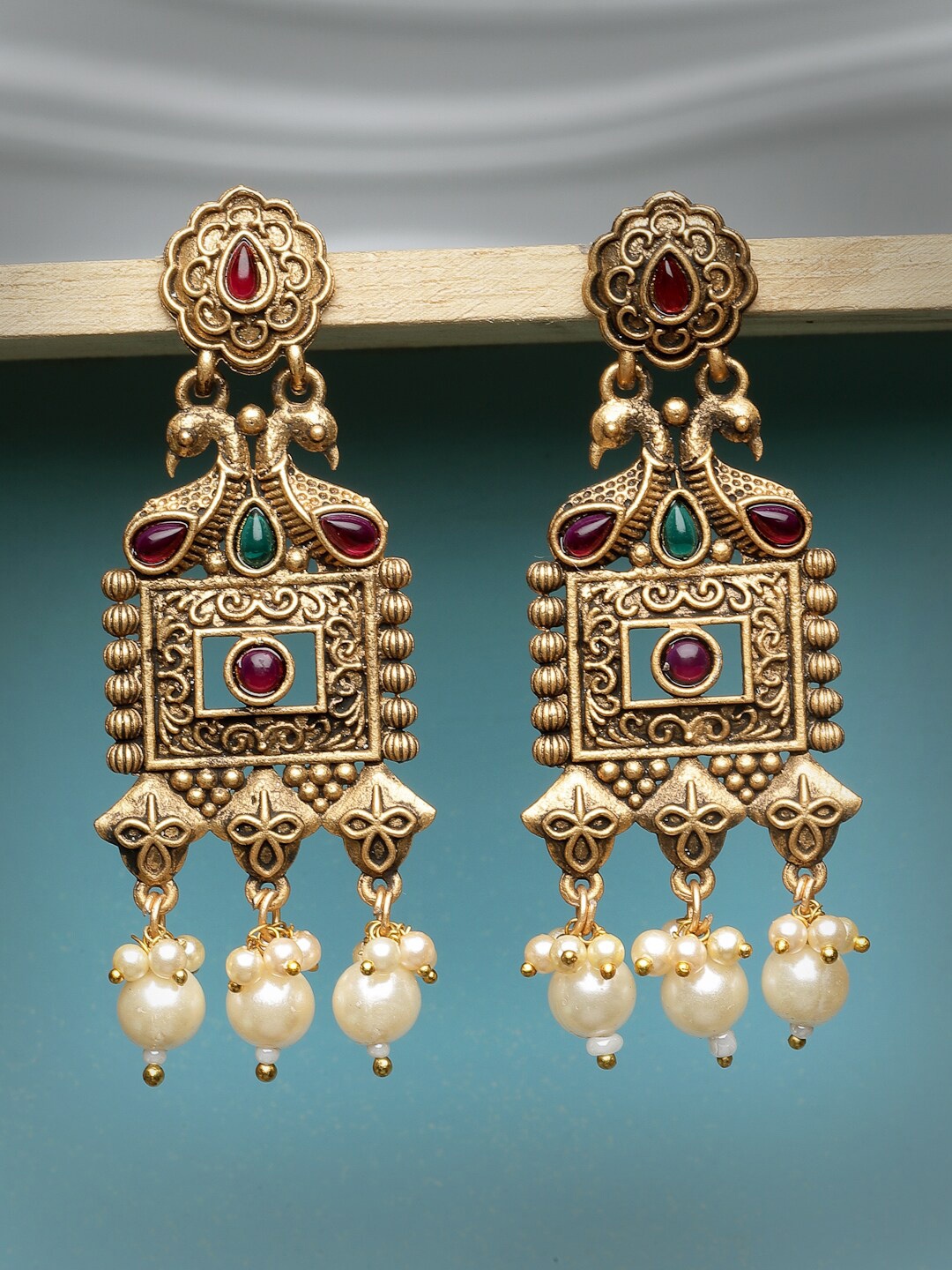 

ADIVA Gold-Plated Stone-Studded Peacock Shaped Drop Earrings