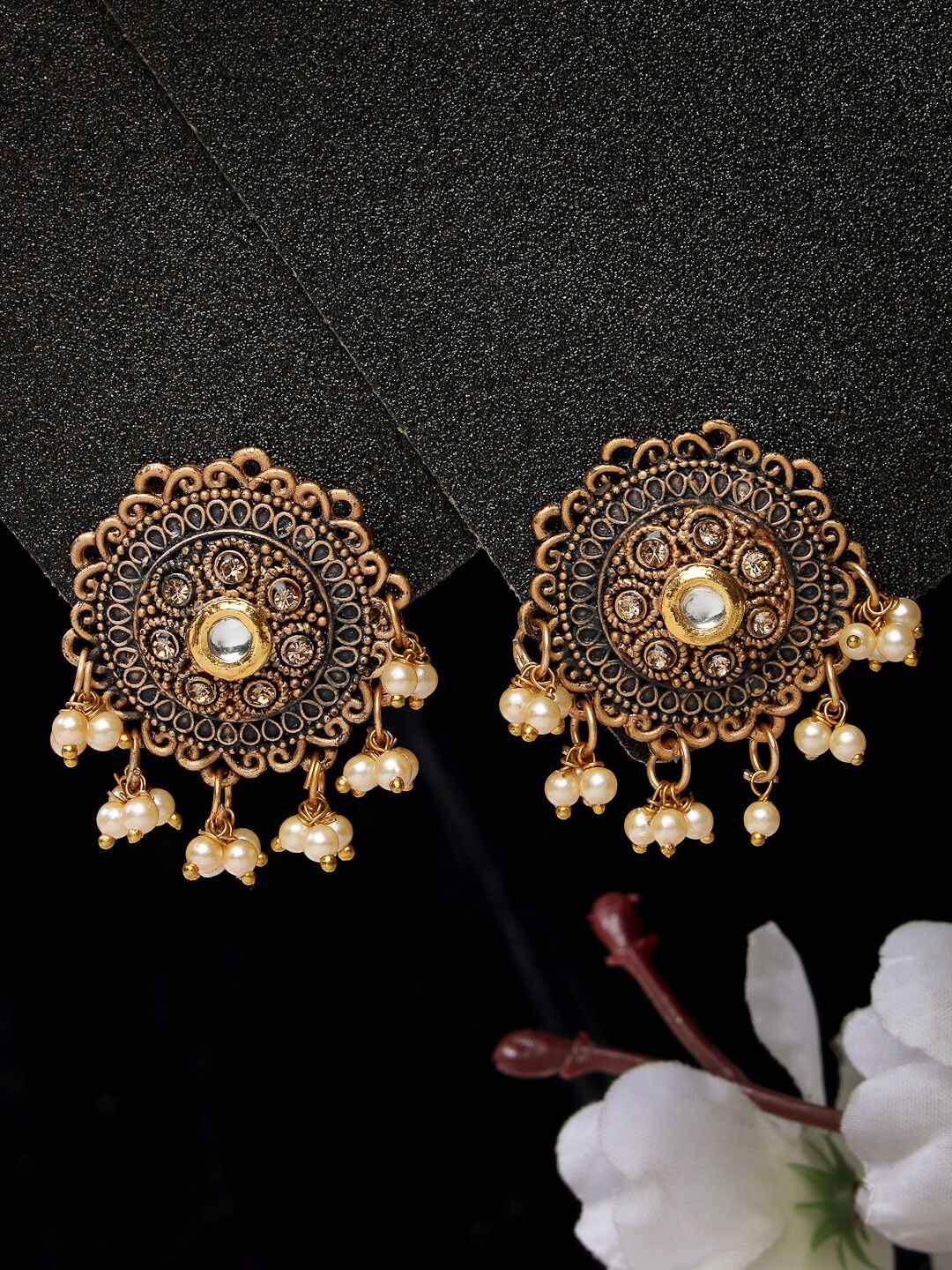 

ADIVA Gold-Plated Kundan Studded Circular Drop Earrings