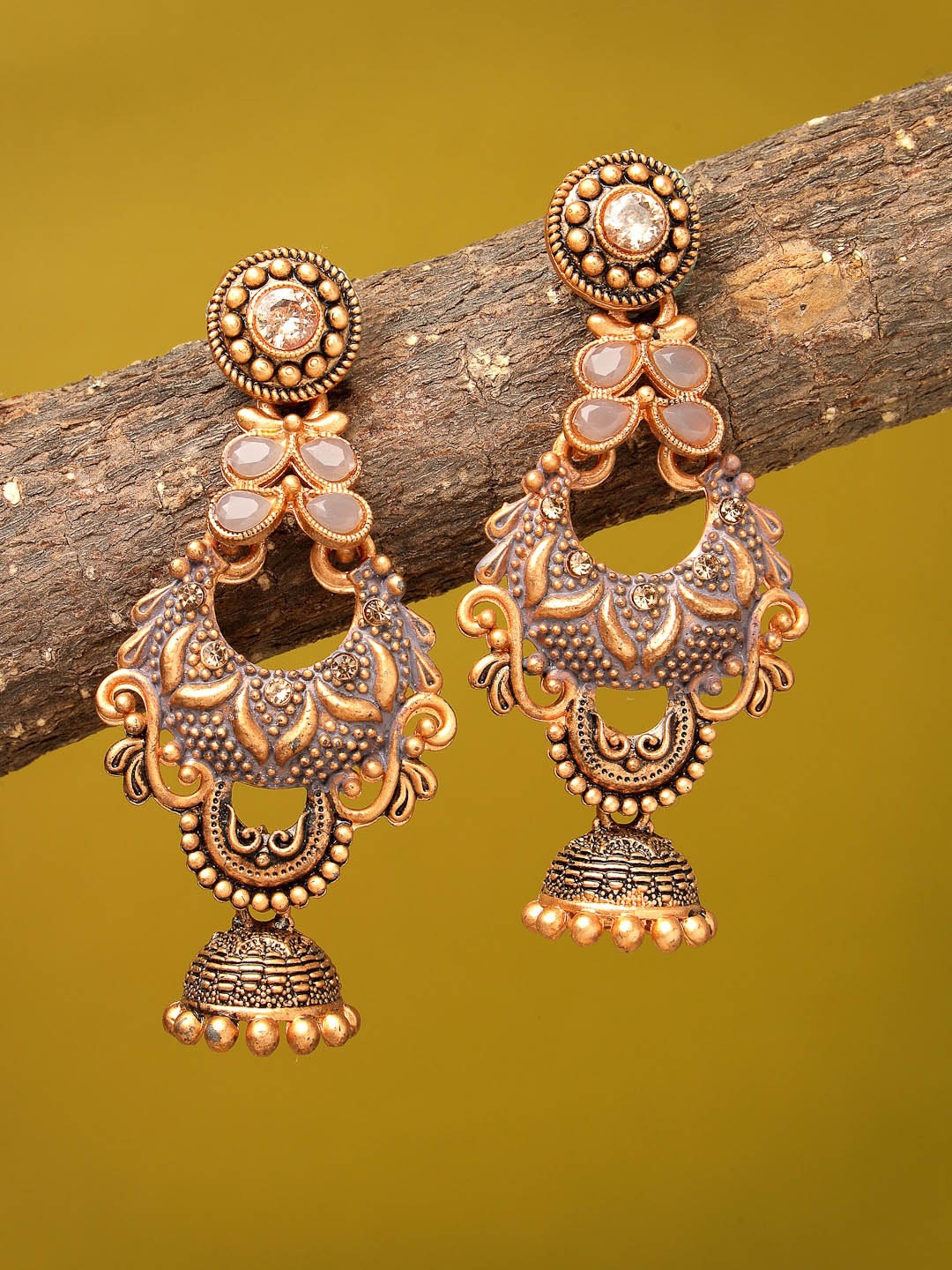 

ADIVA Antique Gold-Plated Hand-Painted Stone Studded Dome Shaped Jhumkas