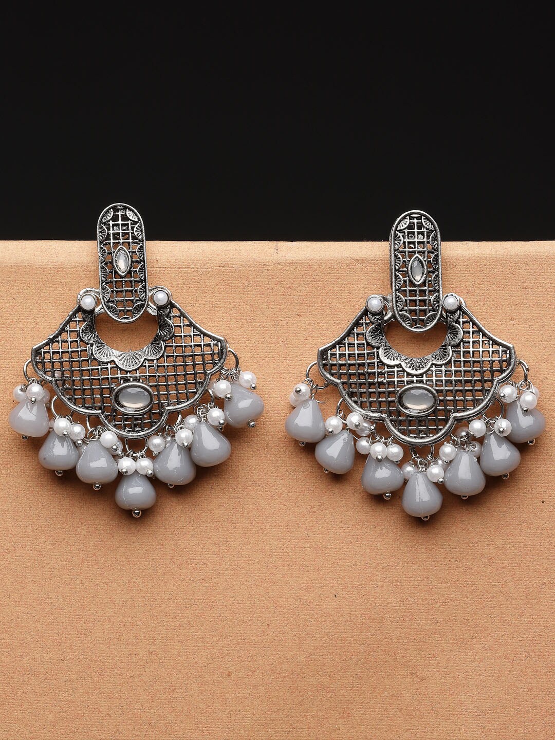 

ADIVA Silver-Plated Pearl Beaded & Stone-Studded Oxidised Drop Earrings