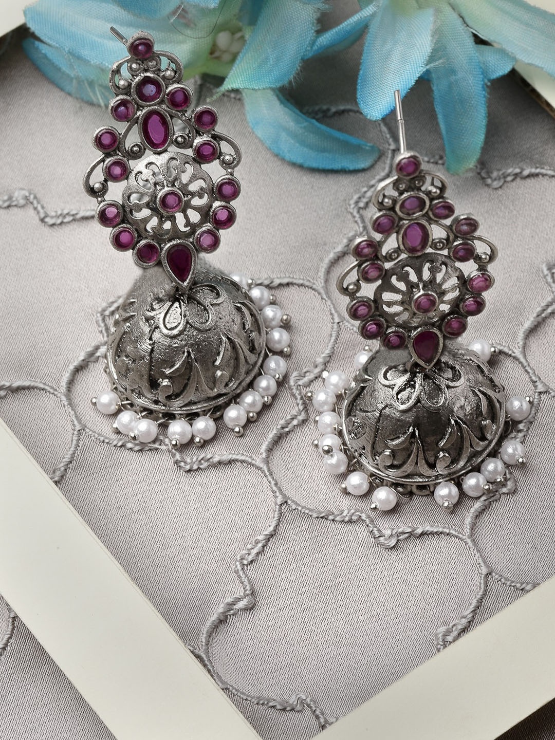 

ADIVA Oxidised Silver-Plated Kundan-Studded Dome Shaped Classic Jhumkas