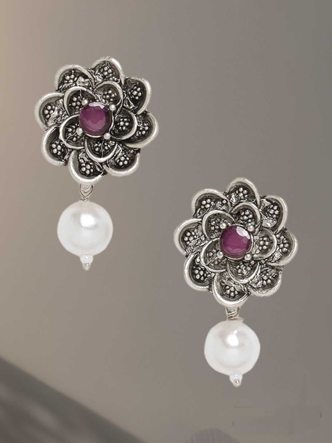 

ADIVA Silver-Plated Oxidised Floral Stud Earrings