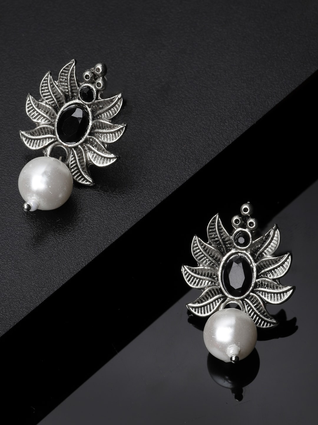 

ADIVA Silver-Plated Stone-Studded & Pearl Beaded Leaf Shaped Oxidised Drop Earrings