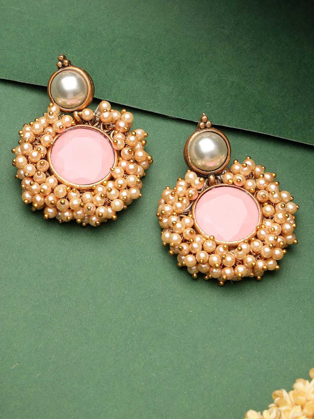 

ADIVA Gold-Plated Stone-Studded & Beaded Classic Drop Earrings