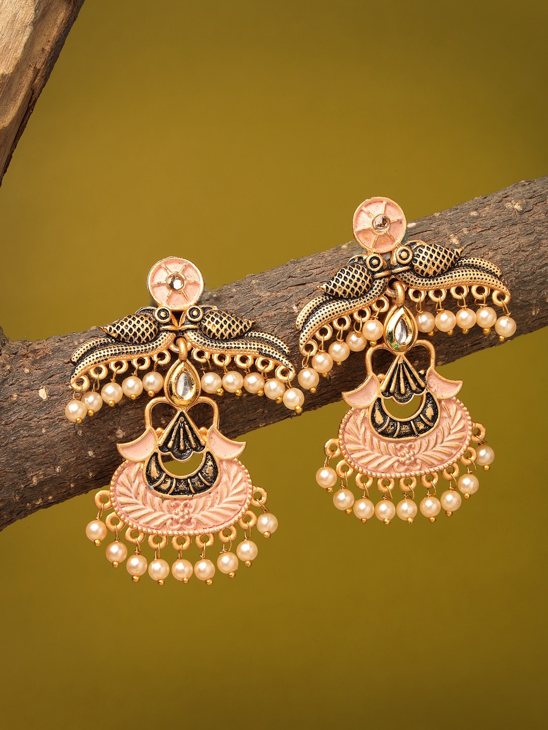 

ADIVA Gold-Plated Kundan-Studded Peacock Shaped Drop Earrings