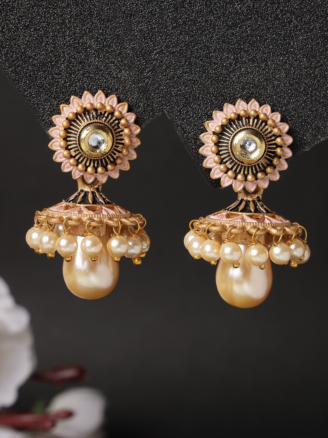 

ADIVA Gold-Plated Kundan Studded Hand Painted Floral Jhumkas