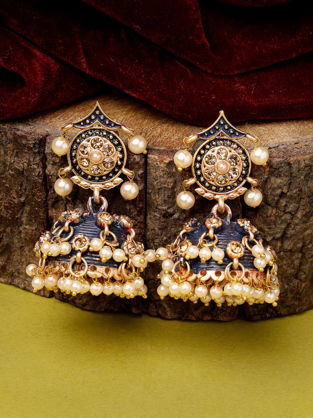 

ADIVA Gold-Plated Stone-Studded & Beaded Dome Shaped Jhumkas
