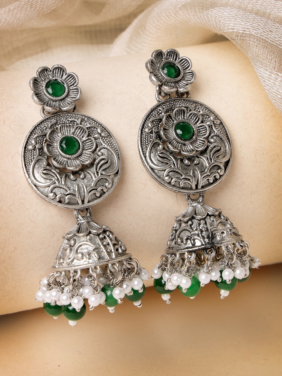 

ADIVA Silver-Plated Stone-Studded & Beaded Floral Jhumkas