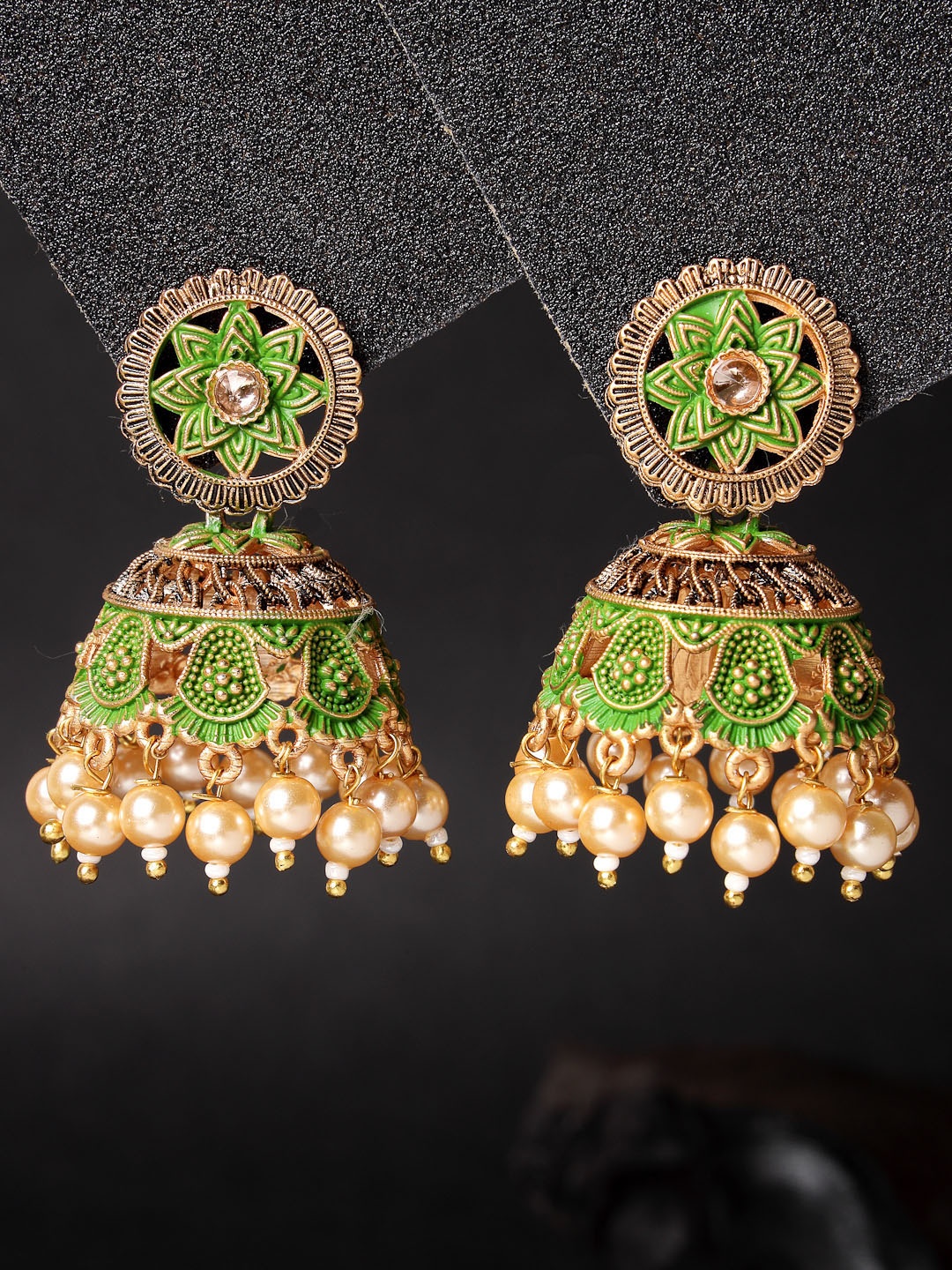 

ADIVA Gold-Plated Pearl Beaded & Stone-Studded Dome Shaped Jhumkas